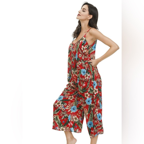 BUENOS NINOS Floral Boho Wide Leg Jumpsuit Adjustable Straps w/Pockets Size M - Picture 5 of 10